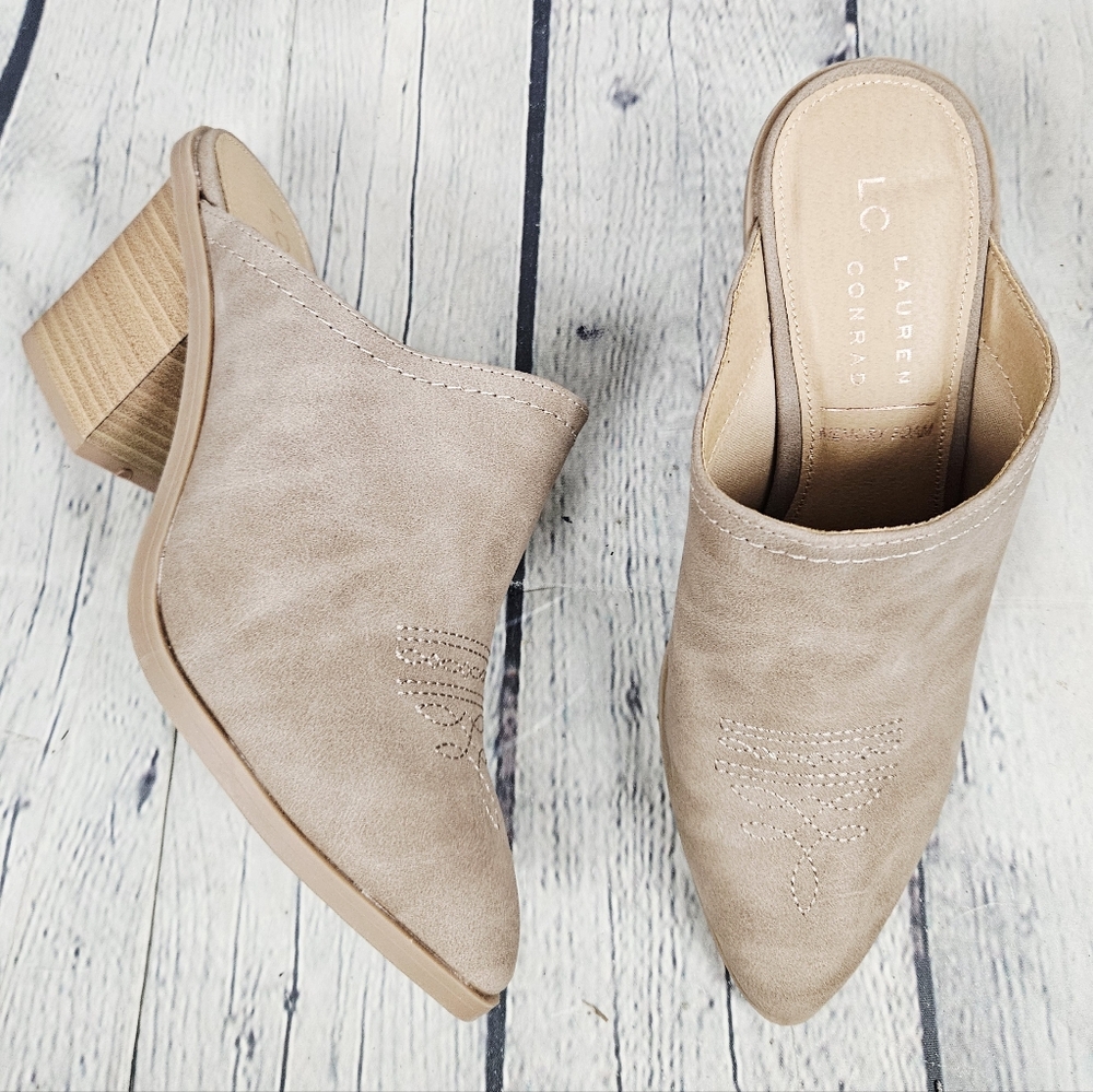 LC LAUREN CONRAD | Safarina taupe heeled slipon western cowboy clog mules shoes